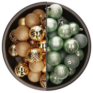 Bellatio 74x stuks kunststof kerstballen mix van mintgroen en goud 6 cm -