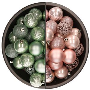 Bellatio 74x stuks kunststof kerstballen mix van mintgroen en lichtroze 6 cm -