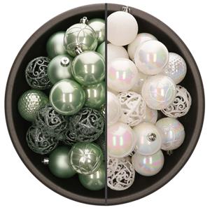 Bellatio 74x stuks kunststof kerstballen mix van mintgroen en parelmoer wit 6 cm -