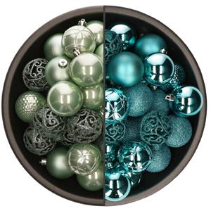 Bellatio 74x stuks kunststof kerstballen mix van mintgroen en turquoise blauw 6 cm -