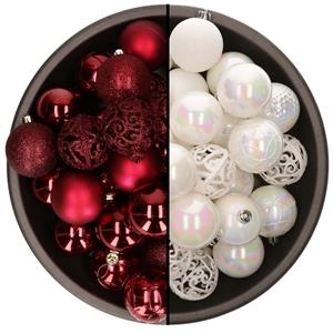 Bellatio 74x stuks kunststof kerstballen mix van parelmoer wit en donkerrood 6 cm -