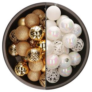 Bellatio 74x stuks kunststof kerstballen mix van parelmoer wit en goud 6 cm -