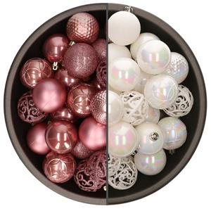 Bellatio 74x stuks kunststof kerstballen mix van parelmoer wit en oudroze 6 cm -