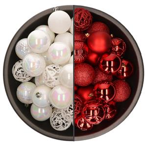 Bellatio 74x stuks kunststof kerstballen mix van parelmoer wit en rood 6 cm -