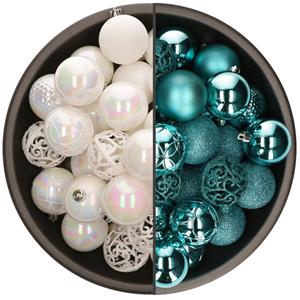 Bellatio 74x stuks kunststof kerstballen mix van parelmoer wit en turquoise blauw 6 cm -