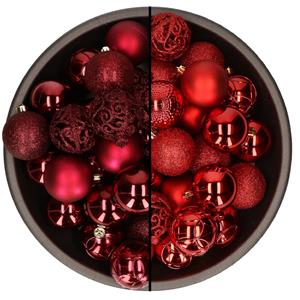 Bellatio 74x stuks kunststof kerstballen mix van rood en donkerrood 6 cm -