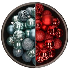 Bellatio 74x stuks kunststof kerstballen mix van rood en ijsblauw 6 cm -