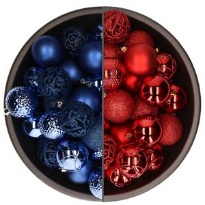 Bellatio 74x stuks kunststof kerstballen mix van rood en kobalt blauw 6 cm -