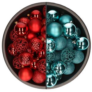 Bellatio 74x stuks kunststof kerstballen mix van rood en turquoise blauw 6 cm -