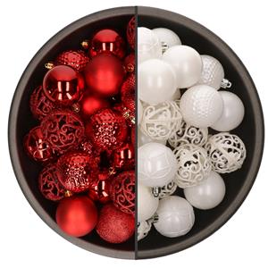 Bellatio 74x stuks kunststof kerstballen mix van rood en wit 6 cm -