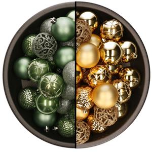 Bellatio 74x stuks kunststof kerstballen mix van salie groen en goud 6 cm -
