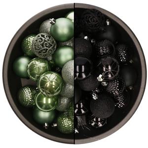 Bellatio 74x stuks kunststof kerstballen mix van salie groen en zwart 6 cm -
