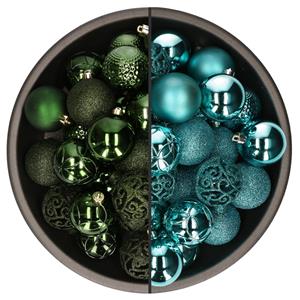 Bellatio 74x stuks kunststof kerstballen mix van turquoise blauw en donkergroen 6 cm -
