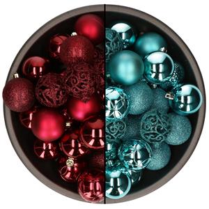 Bellatio 74x stuks kunststof kerstballen mix van turquoise blauw en donkerrood 6 cm -