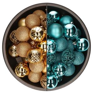 Bellatio 74x stuks kunststof kerstballen mix van turquoise blauw en goud 6 cm -