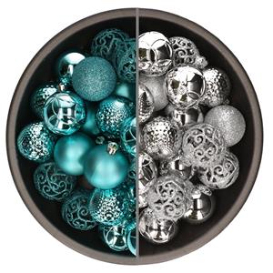 Bellatio 74x stuks kunststof kerstballen mix van turquoise blauw en zilver 6 cm -