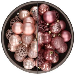 Bellatio 74x stuks kunststof kerstballen mix van velvet roze en lichtroze 6 cm -