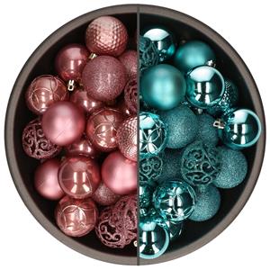 Bellatio 74x stuks kunststof kerstballen mix van velvet roze en turquoise blauw 6 cm -