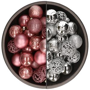 Bellatio 74x stuks kunststof kerstballen mix van velvet roze en zilver 6 cm -