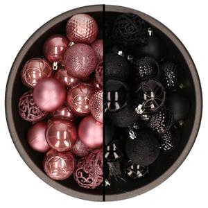 Bellatio 74x stuks kunststof kerstballen mix van velvet roze en zwart 6 cm -