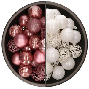 Bellatio 74x stuks kunststof kerstballen mix van wit en oudroze 6 cm -