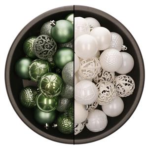 Bellatio 74x stuks kunststof kerstballen mix van wit en salie groen 6 cm -