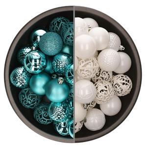 Bellatio 74x stuks kunststof kerstballen mix van wit en turquoise blauw 6 cm -