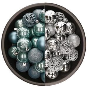 Bellatio 74x stuks kunststof kerstballen mix van zilver en ijsblauw 6 cm -