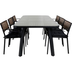 Hioshop Paola tuinmeubelset tafel 100x200cm en 6 stoel Paola zwart, naturel.