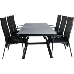 Hioshop Virya tuinmeubelset tafel 100x200cm en 6 stoel Copacabana zwart, grijs.