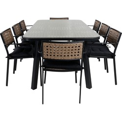 Hioshop Paola tuinmeubelset tafel 100x200cm en 8 stoel Paola zwart, naturel.
