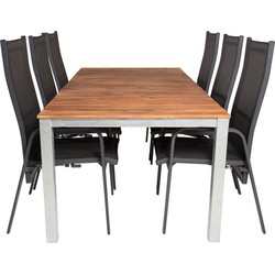 Hioshop Zenia tuinmeubelset tafel 100x200cm en 6 stoel Copacabana zwart, naturel, zilver.