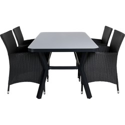 Hioshop Virya tuinmeubelset tafel 90x160cm en 4 stoel Knick zwart, grijs.