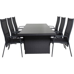 Hioshop Padova tuinmeubelset tafel 100x200cm en 6 stoel Copacabana zwart.