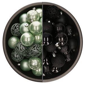 Bellatio 74x stuks kunststof kerstballen mix van zwart en mintgroen 6 cm -
