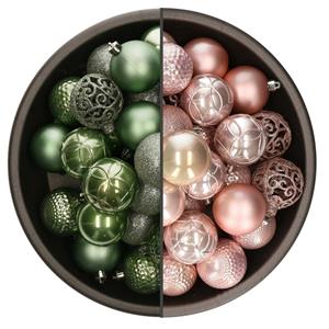 Bellatio 74x stuks kunststof kerstballen mix van salie groen en lichtroze 6 cm -