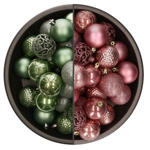 Bellatio 74x stuks kunststof kerstballen mix van salie groen en oudroze 6 cm -