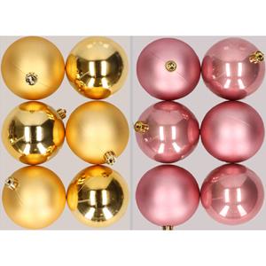Bellatio 12x stuks kunststof kerstballen mix van goud en oudroze 8 cm -