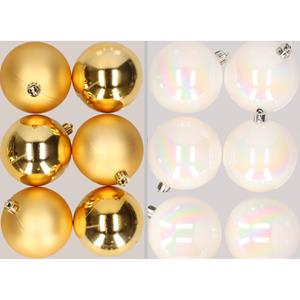 Bellatio 12x stuks kunststof kerstballen mix van goud en parelmoer wit 8 cm -