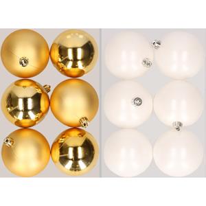 Bellatio 12x stuks kunststof kerstballen mix van goud en winter wit 8 cm -