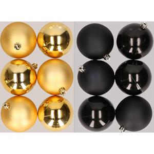 Decoris 12x stuks kunststof kerstballen mix van goud en zwart 8 cm -