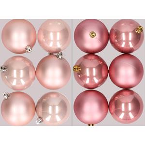 Decoris 12x stuks kunststof kerstballen mix van lichtroze en oudroze 8 cm -