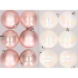 Decoris 12x stuks kunststof kerstballen mix van lichtroze en parelmoer wit 8 cm -