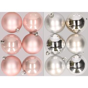 Decoris 12x stuks kunststof kerstballen mix van lichtroze en zilver 8 cm -