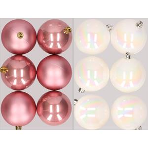 Decoris 12x stuks kunststof kerstballen mix van oudroze en parelmoer wit 8 cm -