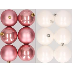 Decoris 12x stuks kunststof kerstballen mix van oudroze en winter wit 8 cm -