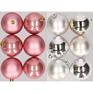 Decoris 12x stuks kunststof kerstballen mix van oudroze en zilver 8 cm -
