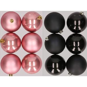 Decoris 12x stuks kunststof kerstballen mix van oudroze en zwart 8 cm -