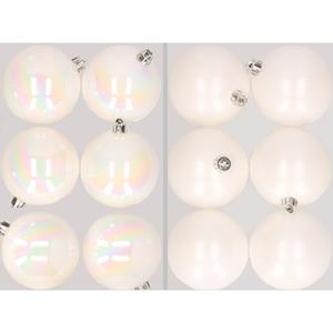 Decoris 12x stuks kunststof kerstballen mix van parelmoer wit en winter wit 8 cm -