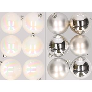 Decoris 12x stuks kunststof kerstballen mix van parelmoer wit en zilver 8 cm -